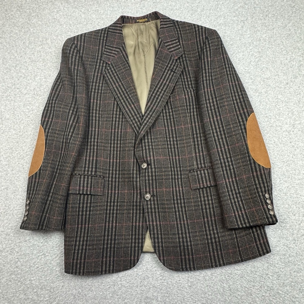 VTG Evan Picone Glen Plaid Wool Blazer 46R Elbow Patch Academia Preppy‎ 90s USA